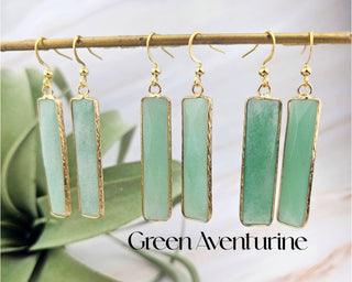 18K Gold Crystal Earrings - Gift For Her - Rectangle Bar Amazonite Rose Quartz