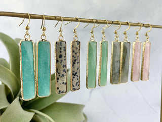 18K Gold Crystal Earrings - Gift For Her - Rectangle Bar Amazonite Rose Quartz