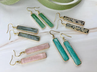 18K Gold Crystal Earrings - Gift For Her - Rectangle Bar Amazonite Rose Quartz