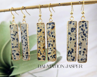 18K Gold Crystal Earrings - Gift For Her - Rectangle Bar Amazonite Rose Quartz