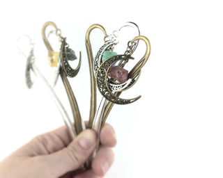Gemstone Moon Bookmark: Celestial Silver Shepherds Hook Bookish Gift