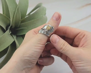 Vintage Spoon Ring: Brass Cat, Floral Copper Wrap Ring