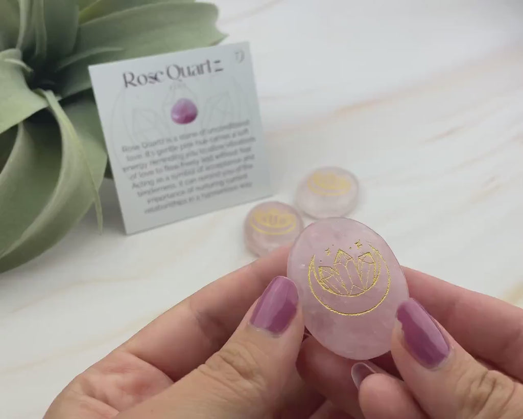 Rose Quartz Worry Stone: Gold Moon Engraved Palm Stone
