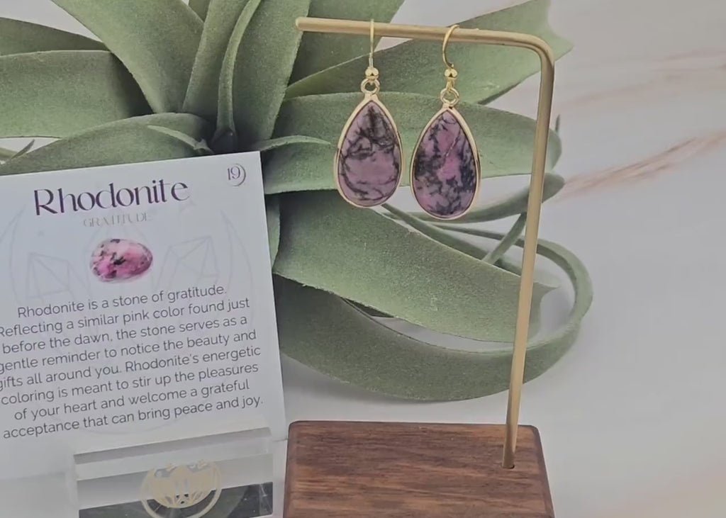 Gratitude Affirmation Jewelry with Natural Rhodonite Tear Drop Gemstone Earrings