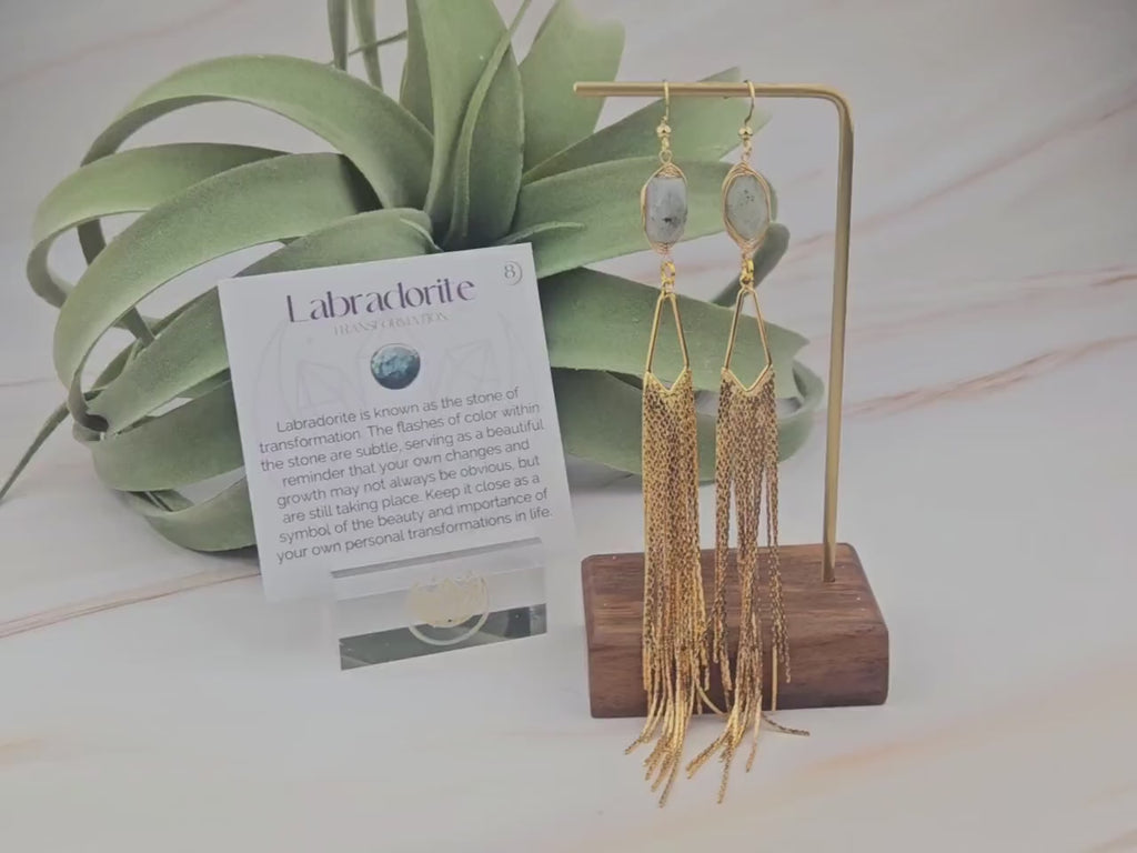 Labradorite Tassel Earrings: Gold Fringe Chandelier Earrings