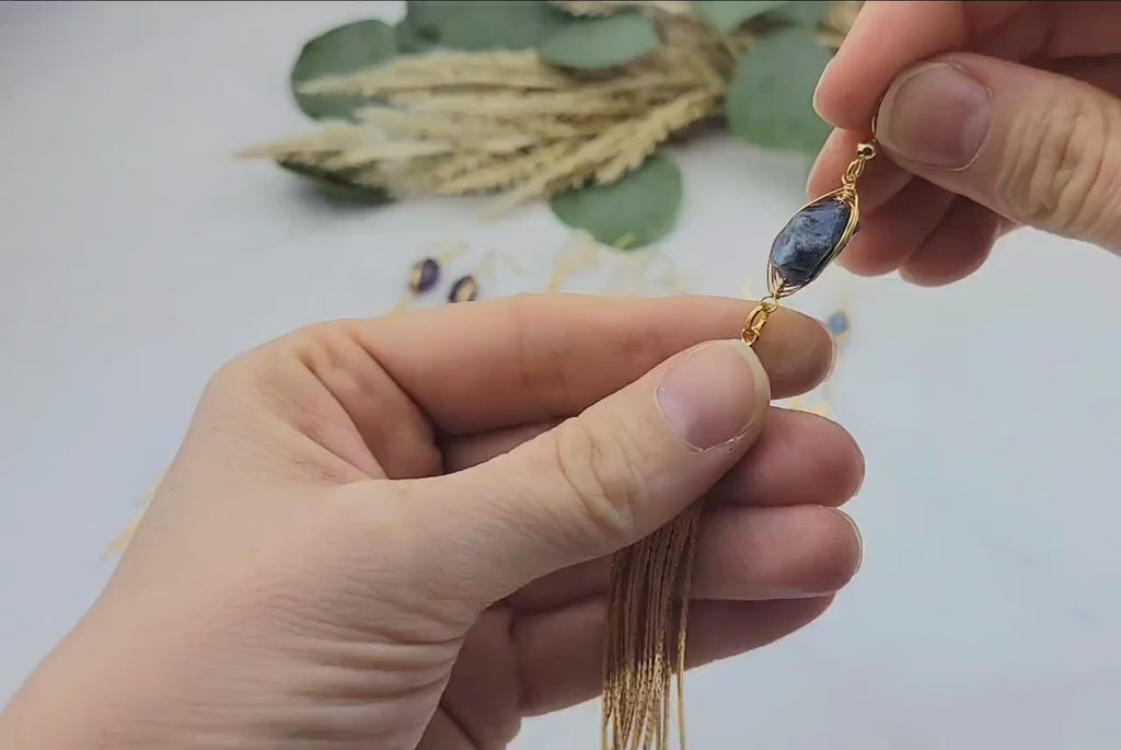 Gemstone 18K Gold Tassel Earrings - Long Fringe Earrings - Gold Chandelier Earrings