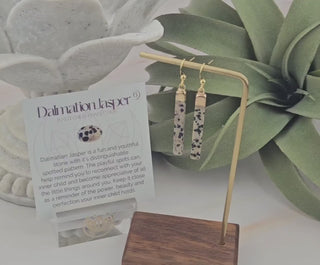 Dainty Dalmatian Jasper Earrings: Gold Stainless Steel Bar Earrings