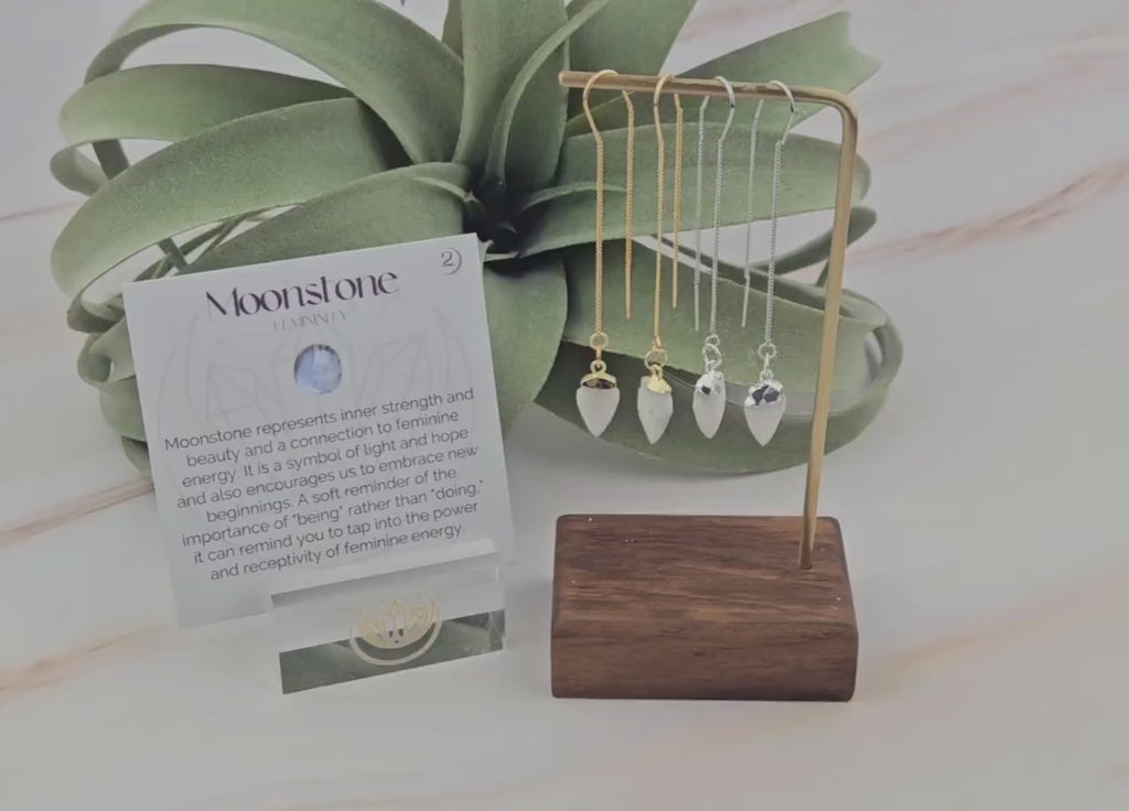 Moonstone Arrowhead Threader Earrings: Silver or Gold Affirmation Jewelry