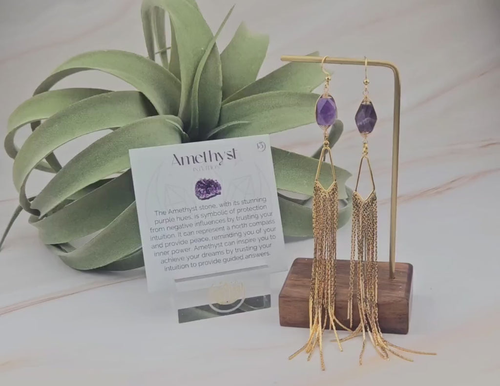 Long Amethyst Fringe Earrings - Gemstone 18K Gold Tassel Earrings - Gold Chandelier Earrings - Affirmation Jewelry
