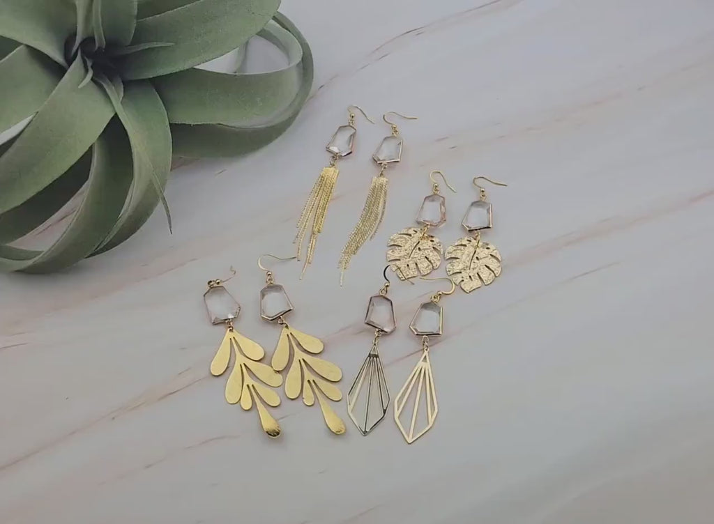 Gold Formal Earrings - Duster Earrings - Monstera Art Deco - Wedding Bridal Jewelry