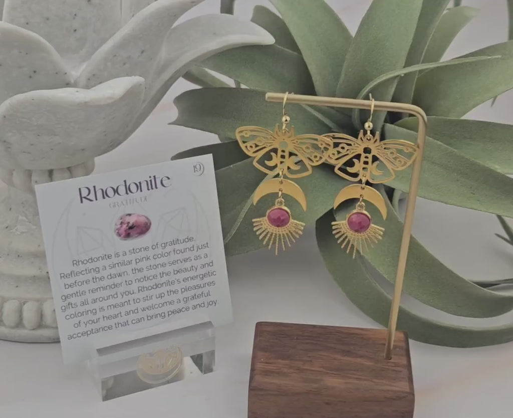 Rhodonite Earrings - Crescent Moon Earrings - Egyptian Jewelry - Moon Phase Earrings (019)