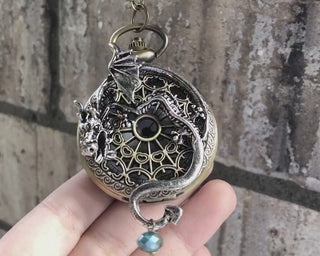 Dragon Pocket Watch Necklace: Steampunk Quartz Pendant