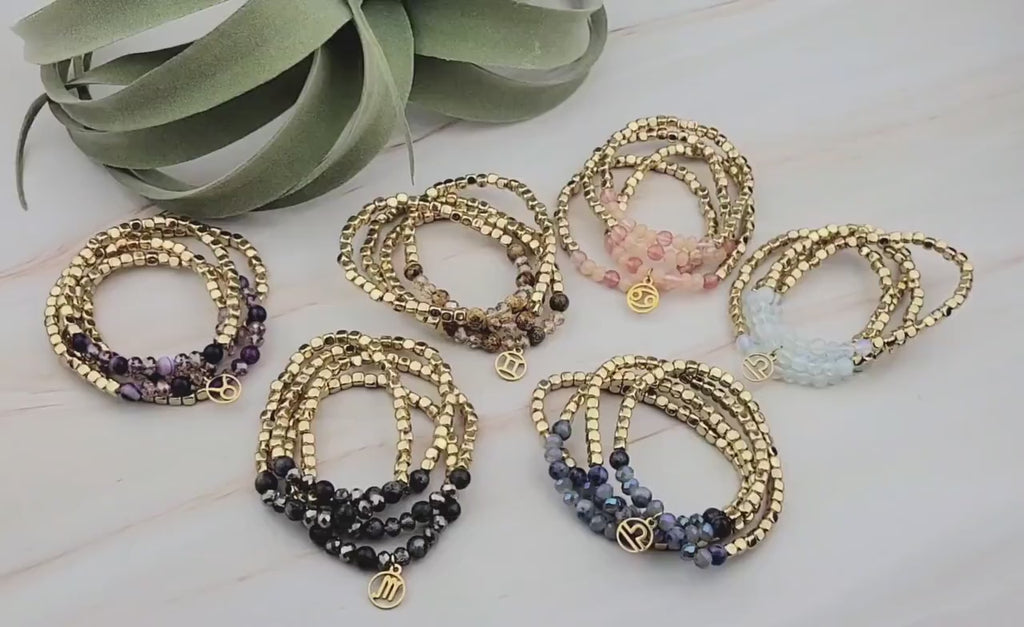 Zodiac Gemstone Bracelet: Gold Astrology Charm, Stainless Steel Beads