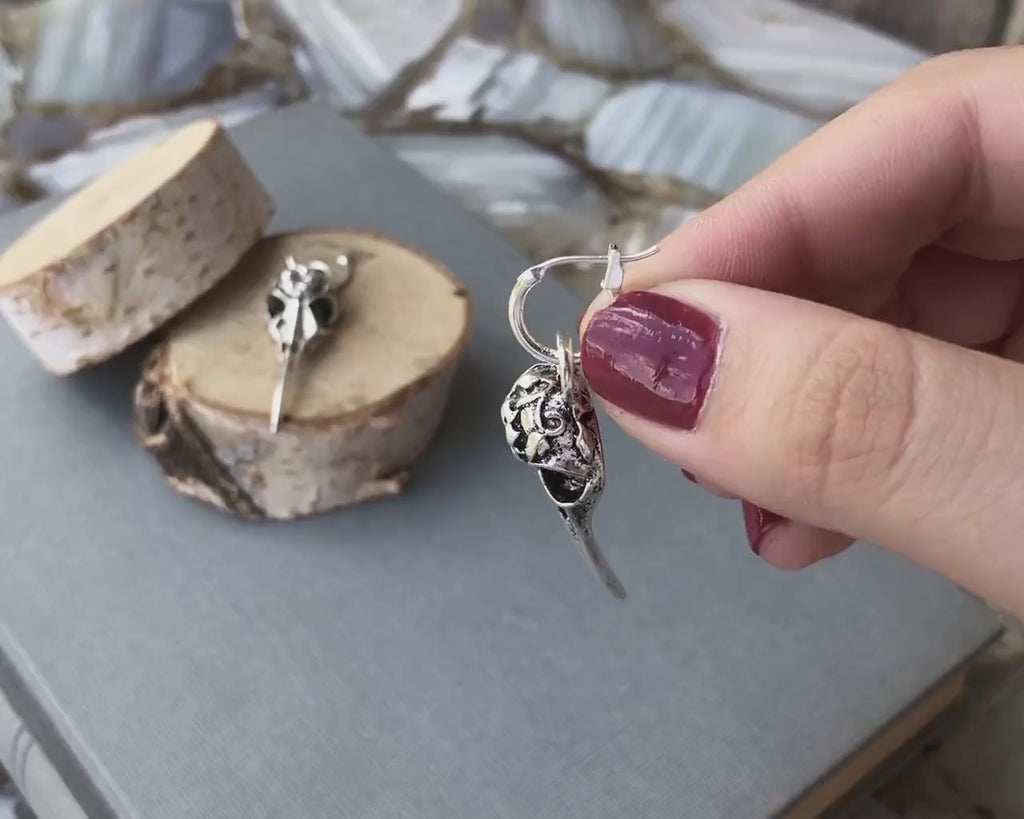 Raven Skull Witch Earrings: Silver Goth Halloween Jewelry