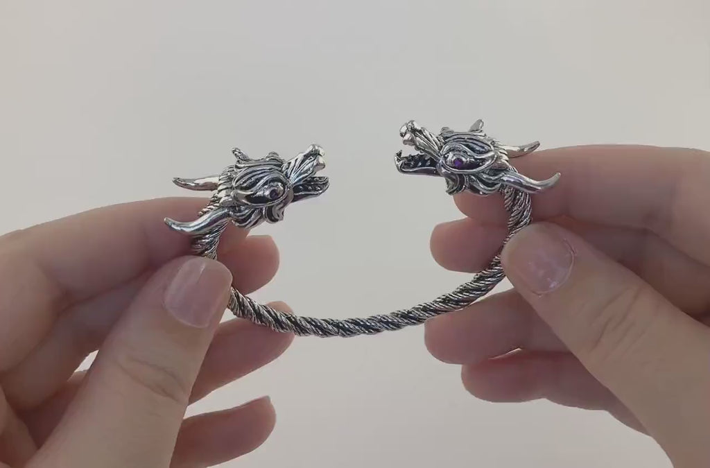 Oxidized Silver Dragon Cuff Bracelet: Viking Norse Jewelry