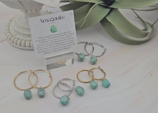 Amazonite Earrings - Leverback Dangle Hoops - Raw Crystal Gemstone Jewelry (021)