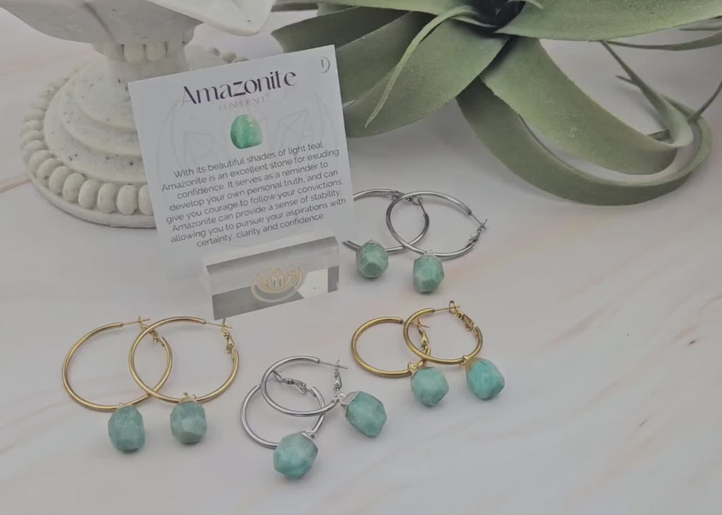 Amazonite Earrings - Leverback Dangle Hoops - Raw Crystal Gemstone Jewelry (021)