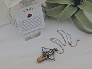 Tiger's Eye Pendant Necklace: Silver Bow Arrow Charm, 24-Inch Chain