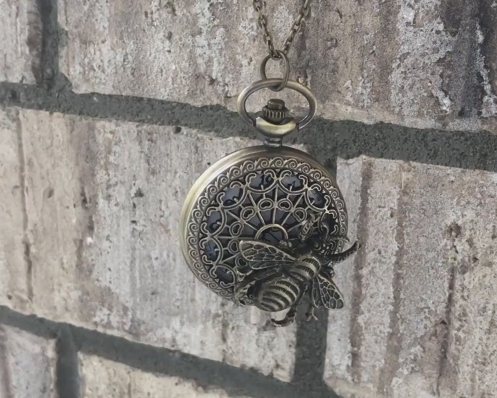 Bee Pocket Watch Necklace: Bronze Filigree Steampunk Pendant