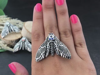 Death Head Moth Ring – Silver, Birthstone Eyes, Goth Jewelry