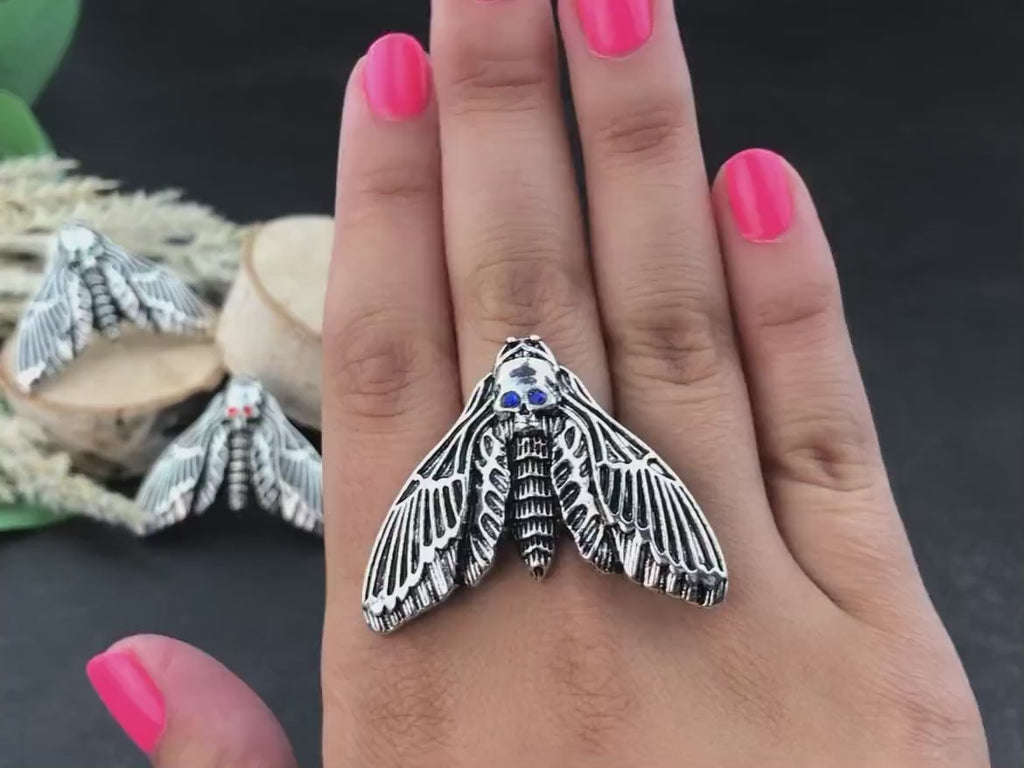 Death Head Moth Ring – Silver, Birthstone Eyes, Goth Jewelry