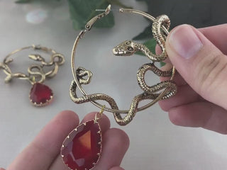 Gold Snake Hoop Earrings with Teardrop Gemstone: Witchy Goth Jewelry