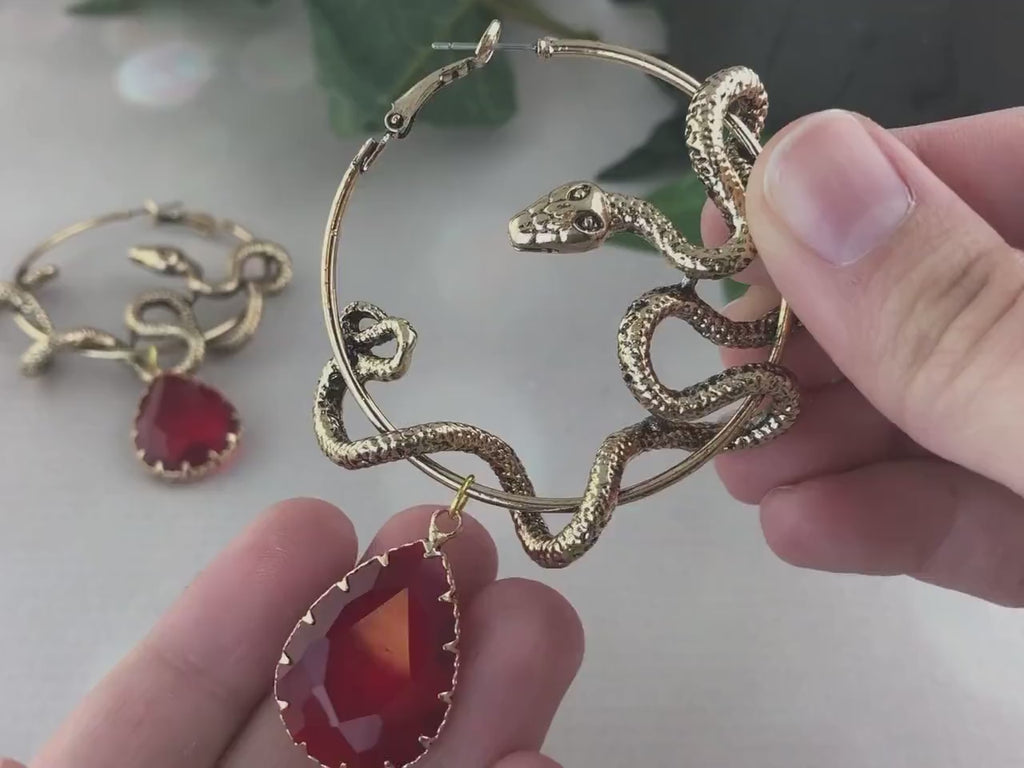 Gold Snake Hoop Earrings with Teardrop Gemstone: Witchy Goth Jewelry
