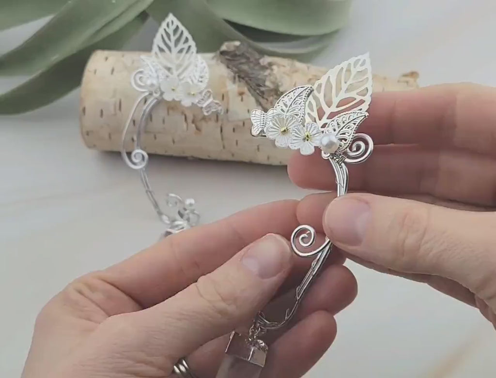Elf Ear Cuff: Silver Wire Wrap with Quartz - No Piercing