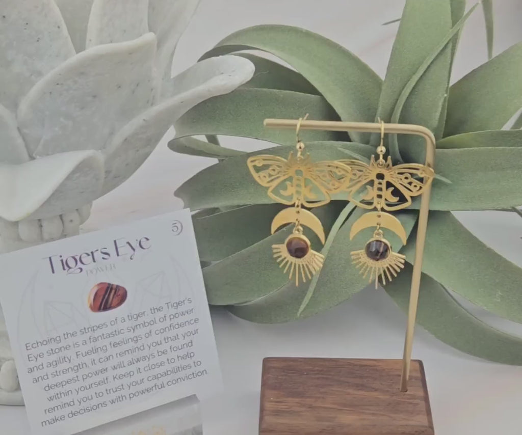 Luna Moth Tigers Eye Earrings: Gold Crescent Moon Celestial Jewelry