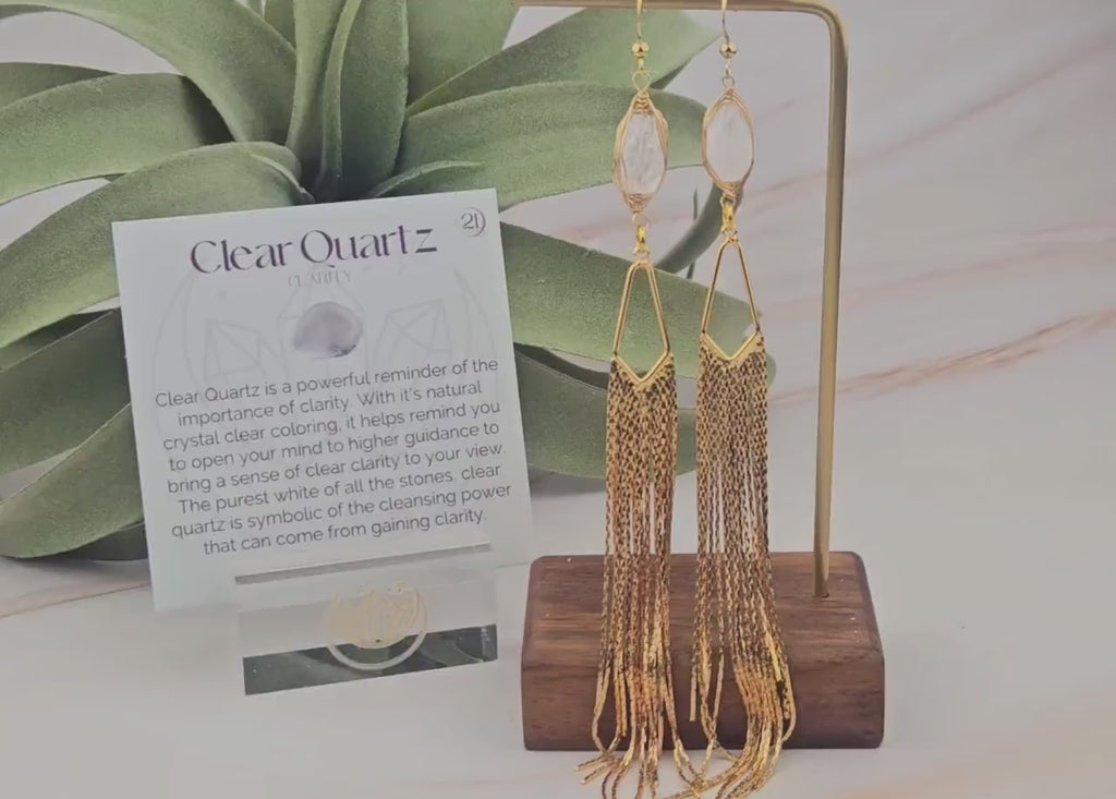 Gold Wedding Tassel Earrings - Bridal Earrings - Clear Crystal Quartz Earrings