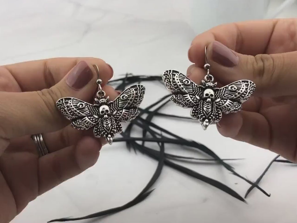 Silver Death Head Earrings - Goth Insect Earrings - Macabre - Esoteric Moth Jewelry - Oddities