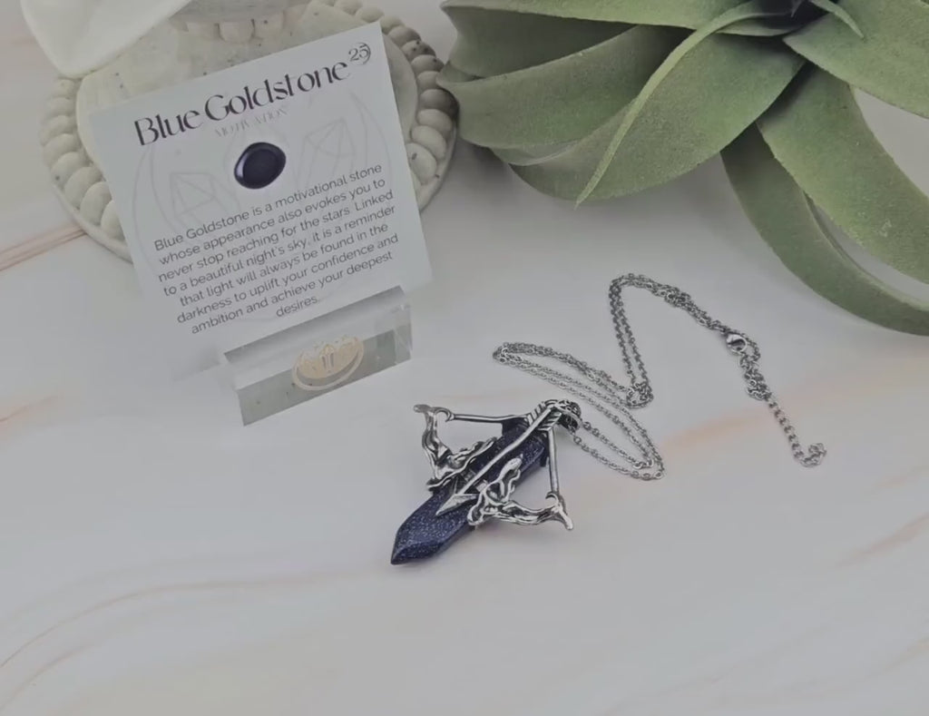 Blue Goldstone Archery Necklace: Stainless Steel Bow & Arrow Pendant