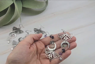 Silver Luna Moth Mismatched Earrings: Rose Quartz & Fluorite