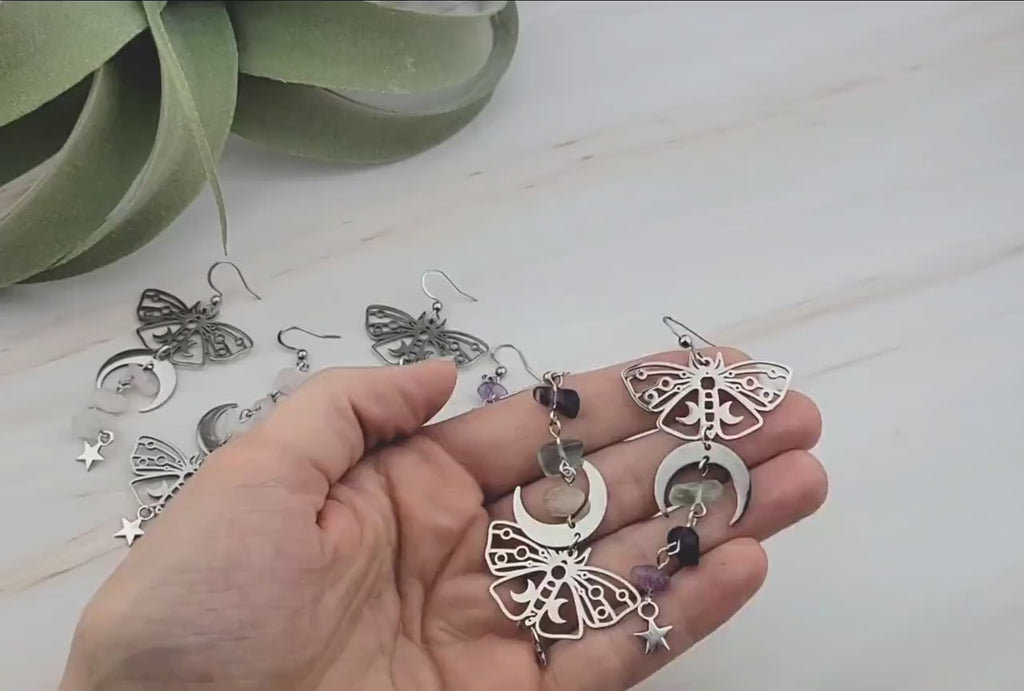 Silver Luna Moth Mismatched Earrings: Rose Quartz & Fluorite