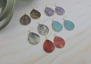 Teardrop Gemstone Dangle Earrings: Natural Agate, Moss Agate, Lavender Jade