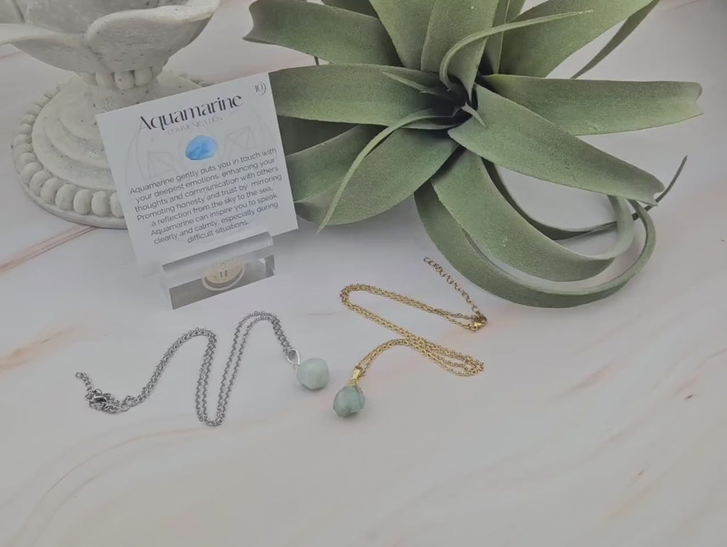 Raw Aquamarine Pendant Necklace: Natural Gemstone, Stainless Steel Chain
