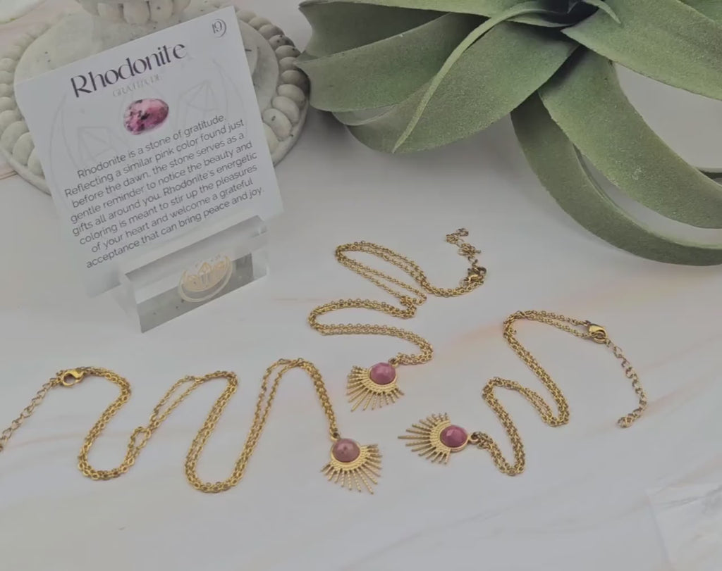 Rhodonite Gemstone Sunburst Necklace: Stainless Steel Celestial Pendant
