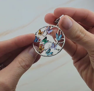 Family Birthstone Brooch: Silver Tree of Life Pin with Recycled Paper Butterflies