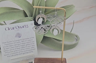 Silver Luna Moth Earrings - Asymmetrical Earrings -  Clear Quartz Crystal Moon Phase Earrings