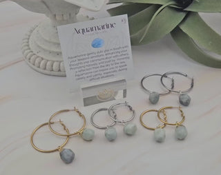 Aquamarine Dangle Hoop Earrings: Stainless Steel, Natural Gemstone