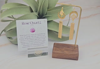Asymmetrical Rose Quartz Tassel Earrings: Gold Crescent Moon Jewelry