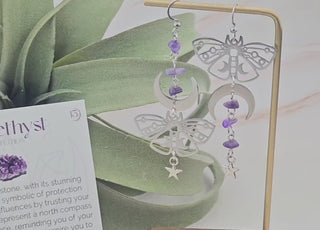 Amethyst Earrings - Butterfly Moth Boho Jewelry - Asymmetrical Moon Phase Celestial Mystical - Affirmation Jewelry