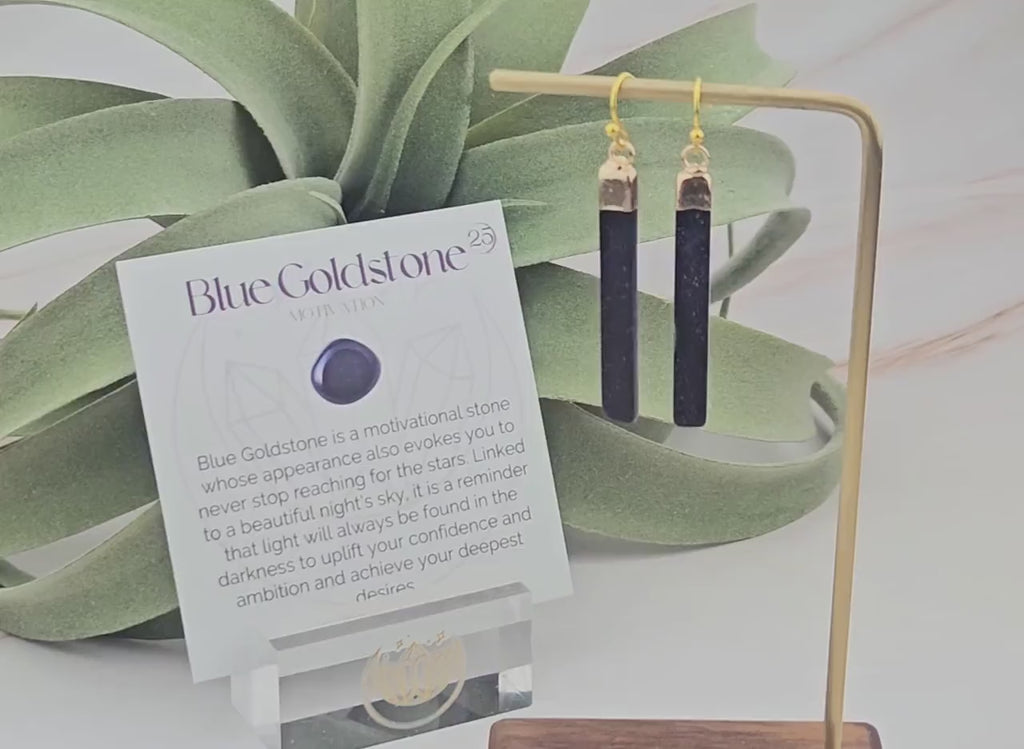 Blue Goldstone Bar Earrings: Gold Stainless Steel, Geometric Dangles