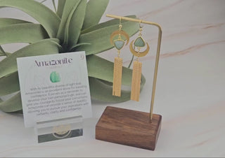 Asymmetrical Amazonite Earrings: Gold Crescent Moon Tassel Earrings