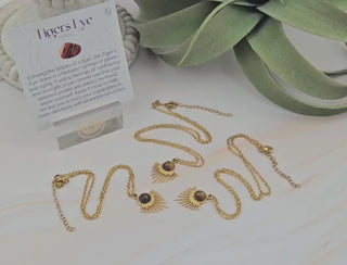 Tigers Eye Necklace: Stainless Steel Sunburst Pendant