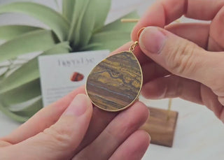 Tiger Eye Teardrop Earrings: Marbled Gemstone, Gold Stainless Steel