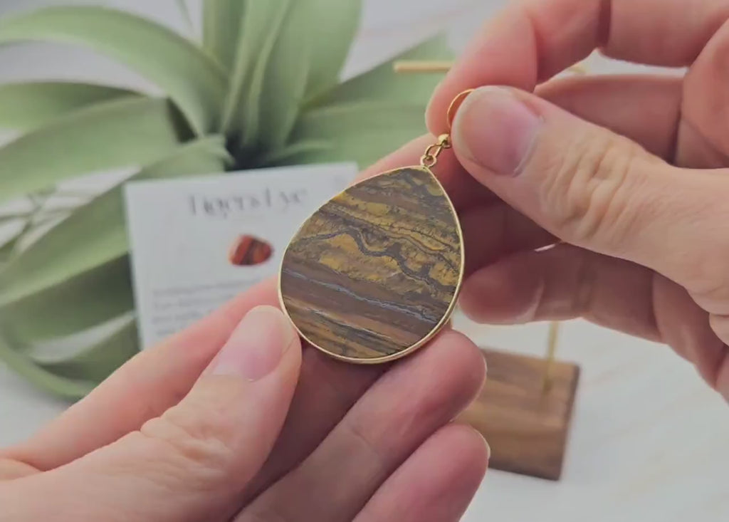 Tiger Eye Teardrop Earrings: Marbled Gemstone, Gold Stainless Steel