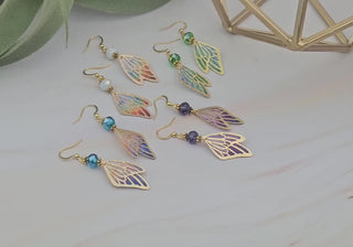 Butterfly Wing Earrings: Watercolor Fabric, Birthstone Beads