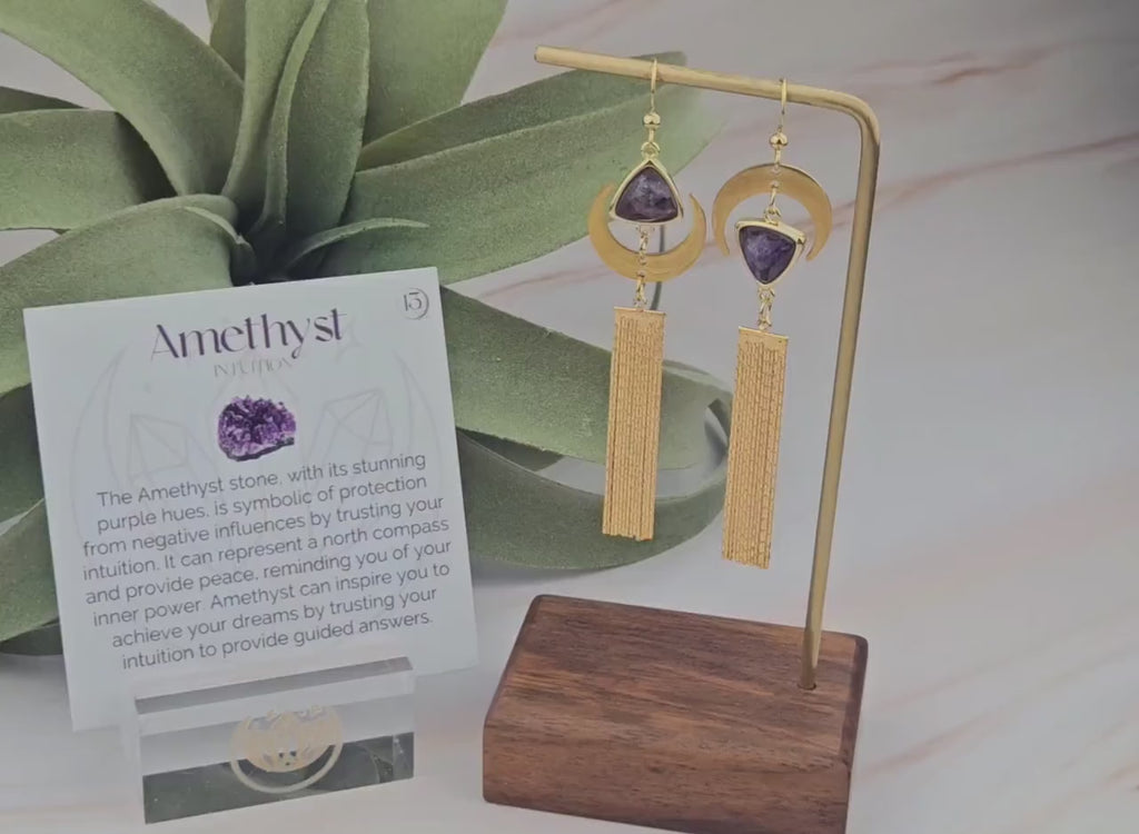 Asymmetrical Amethyst Earrings: Gold Crescent Moon Tassel Earrings