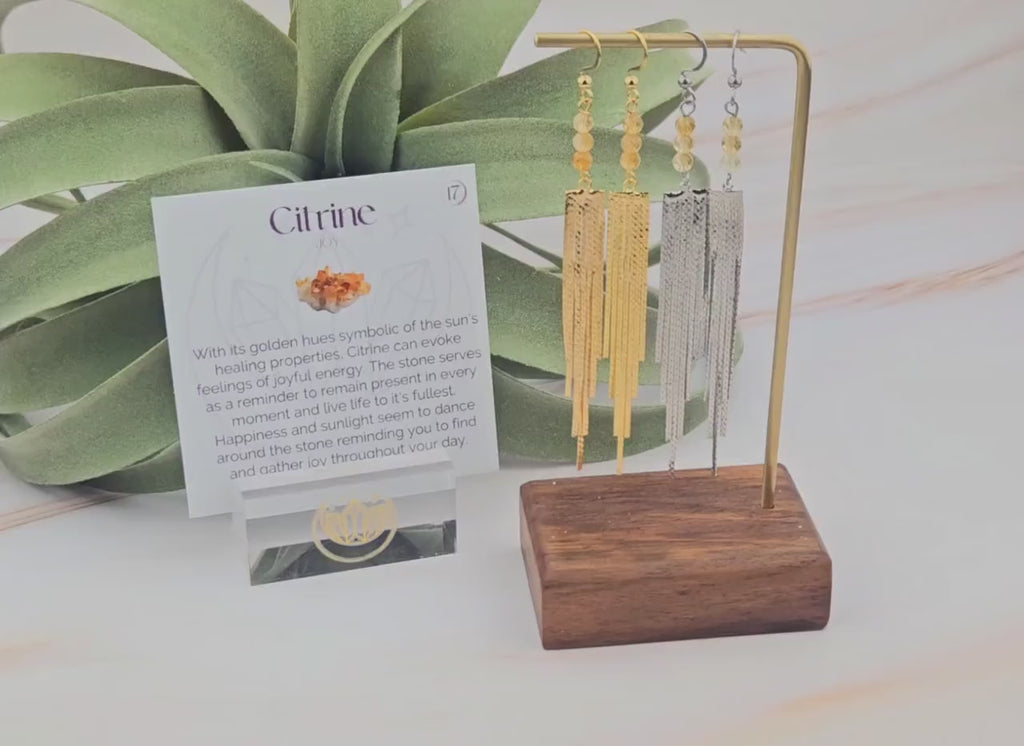 Elegant Citrine Gemstone Tassel Earrings with Affirmation Card - Mindfulness Gift in Silver or Gold